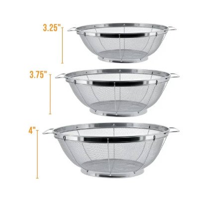 U.S. Kitchen Supply 3 Piece Colander Set-Stainless Steel Wired Mesh Strainer Baskets with Wide Handles-11"-5 Quart, 9.5"