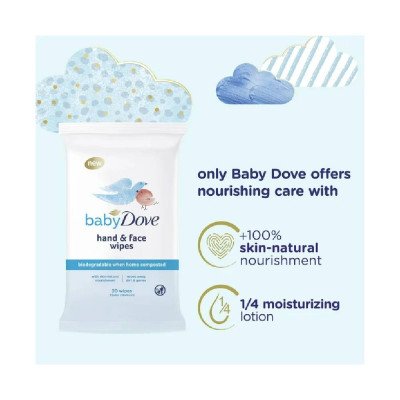 Baby Dove Hand and Face Wipes, Unscented, Resealable Pack (20 Total Wipes)