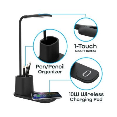 Aduro U-Light LED Desk Lamp with Wireless Charger & Organizer Black