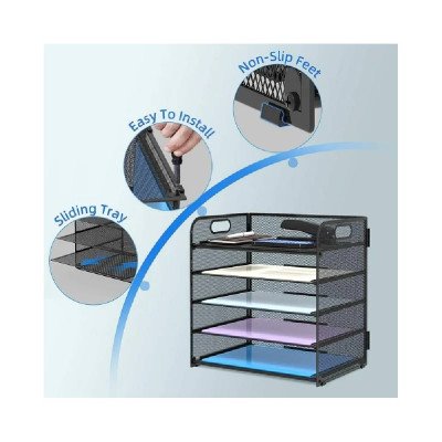 5 Trays Paper Organizer with Handle - Mesh Desk File/Letter Organizer,Black Paper Sorter for Office